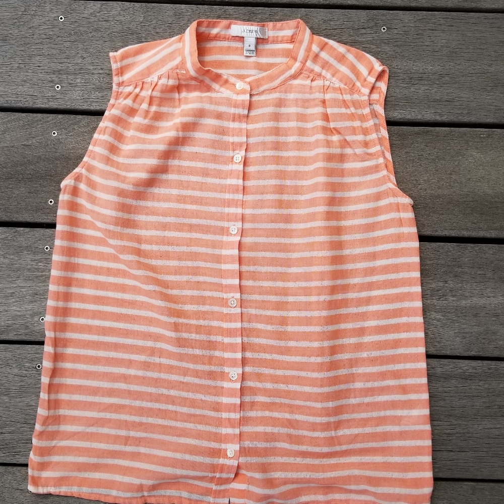 J.Crew Sleeveless Shirt Size 0 Orange Peach White Striped Button Down Blouse Top